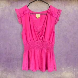 Pink silk blouse with ruffled sleeves